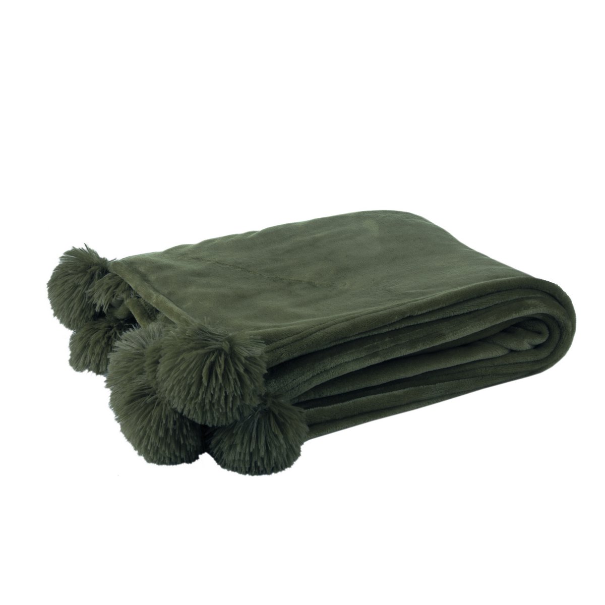 Ambiance cosy avec le plaid pompon vert foncé J-Line