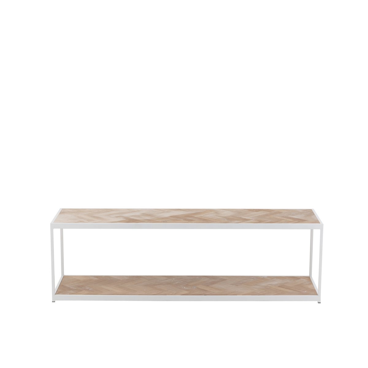 Table basse J-Line Zigzag en bois naturel et métal blanc, vue de face.