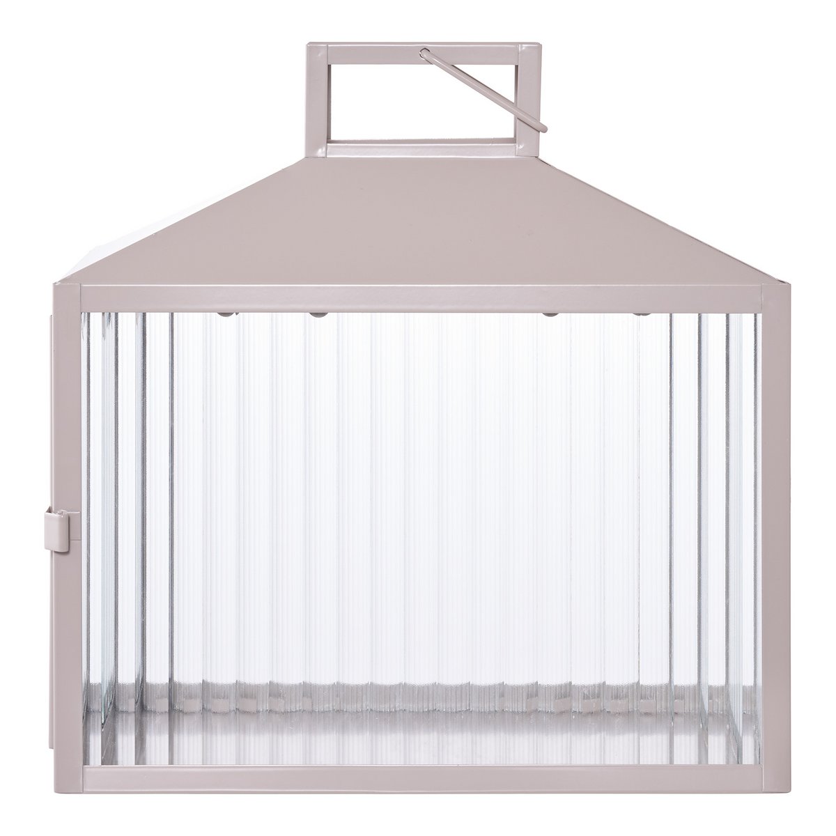 Lanterne Lucca en métal beige/gris avec bougie, ambiance extérieure