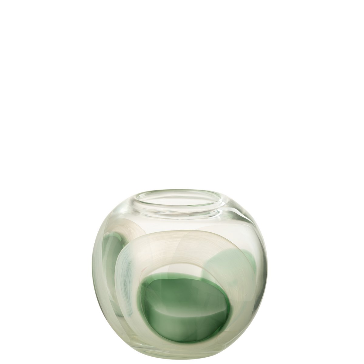 Détail du vase Livy J-Line, verre vert, blanc et transparent, parfait pour la décoration.