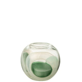 Détail du vase Livy J-Line, verre vert, blanc et transparent, parfait pour la décoration.