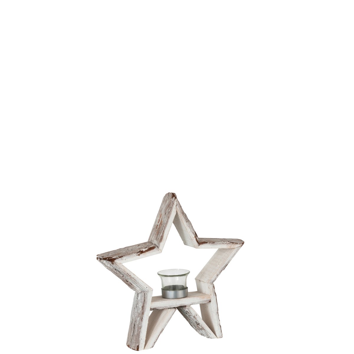 Photophore Star en bois J-Line, vue de face avec détails marron et blanc