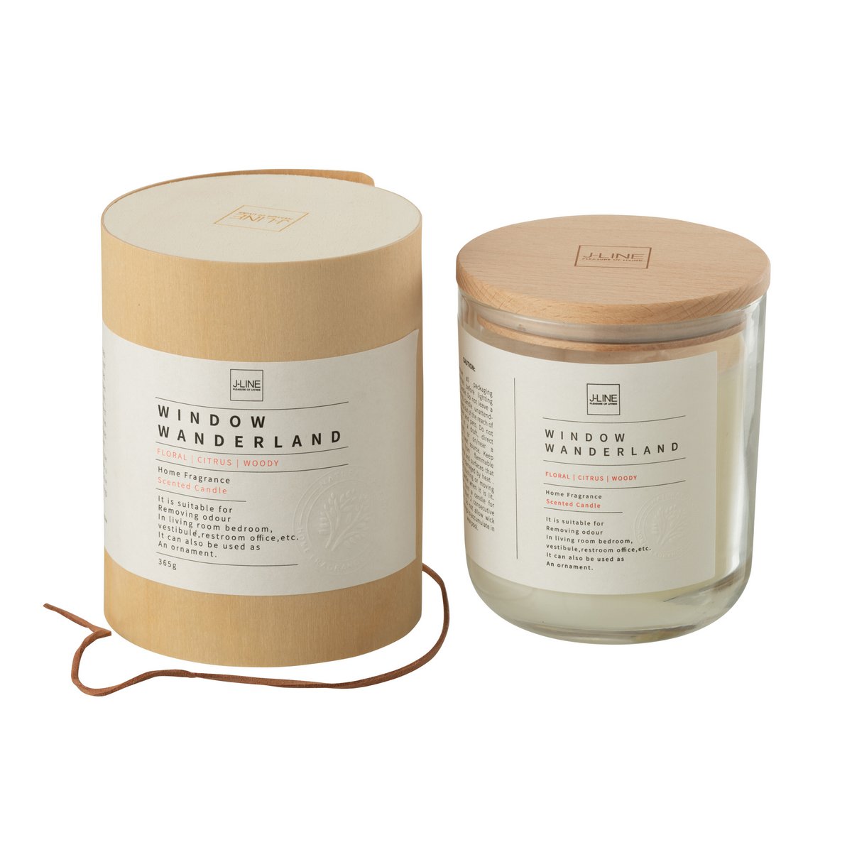 Bougie parfumée J-Line grande taille, en verre transparent, vue de face.