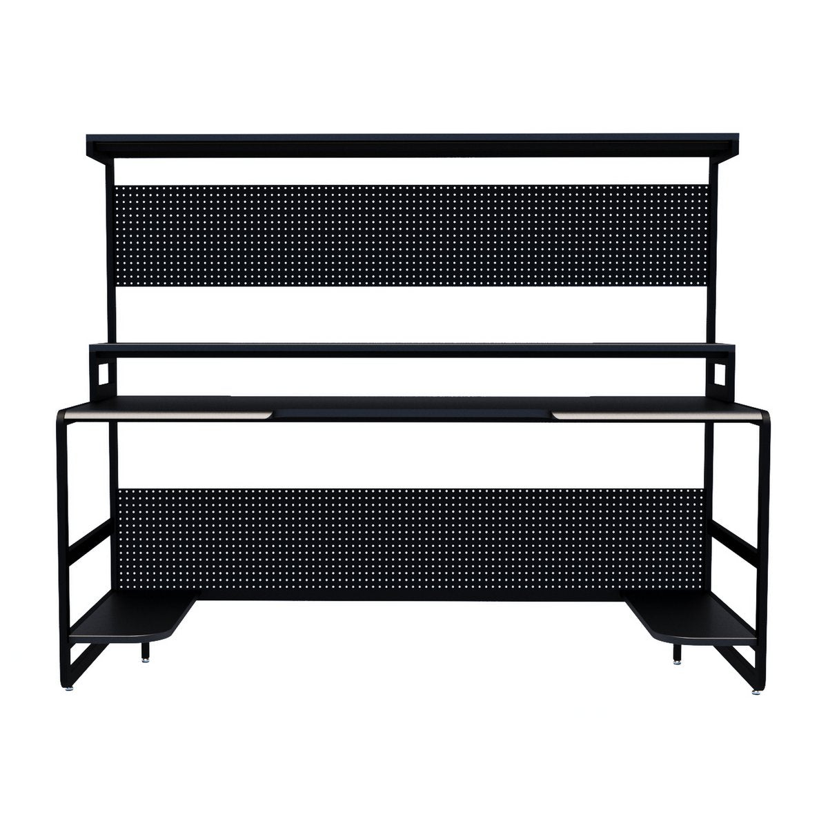 Bureau design avec étagères en métal noir, vue de face