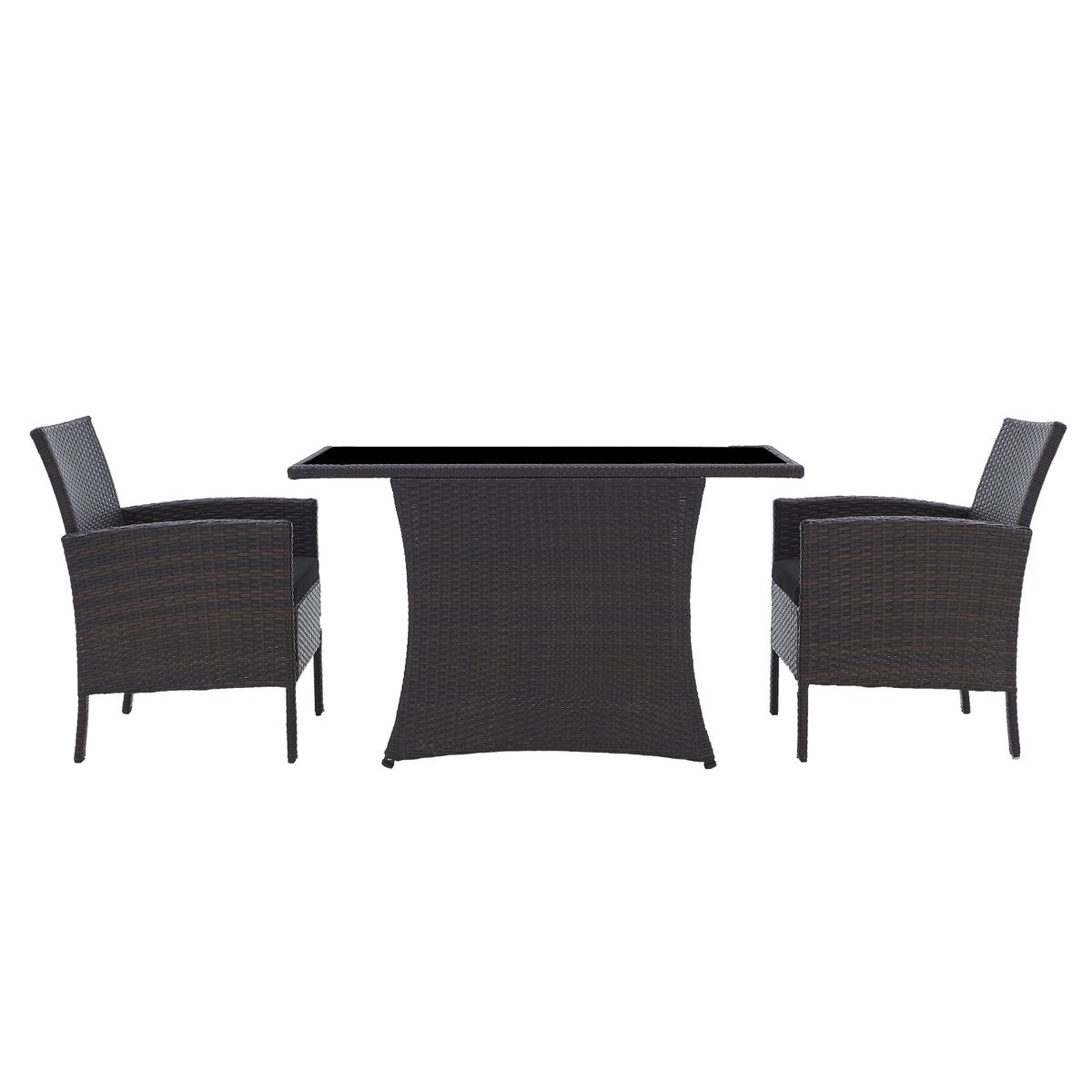 Salon de jardin en rotin avec table en verre et coussins marron