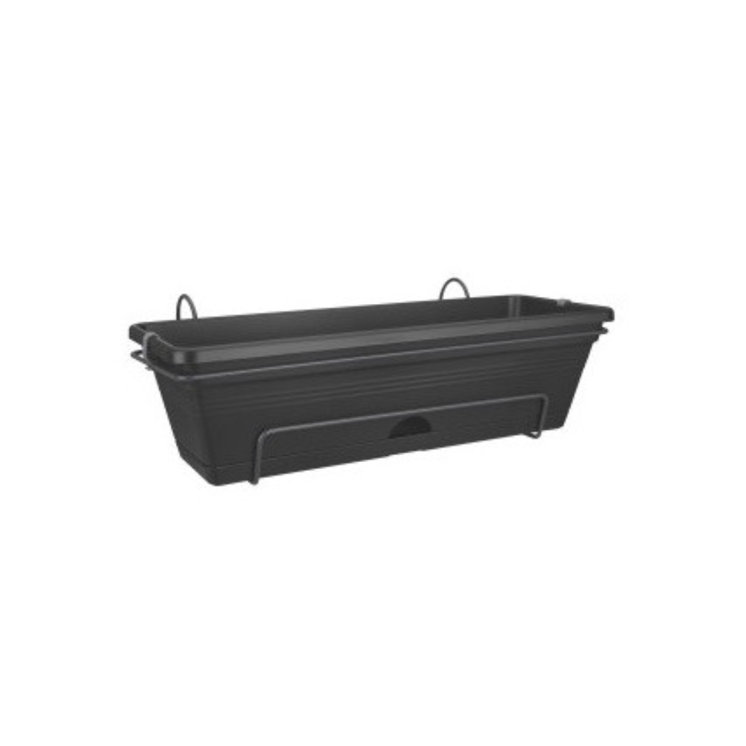 Bac de balcon noir en plastique, élégant et pratique pour vos plantes.