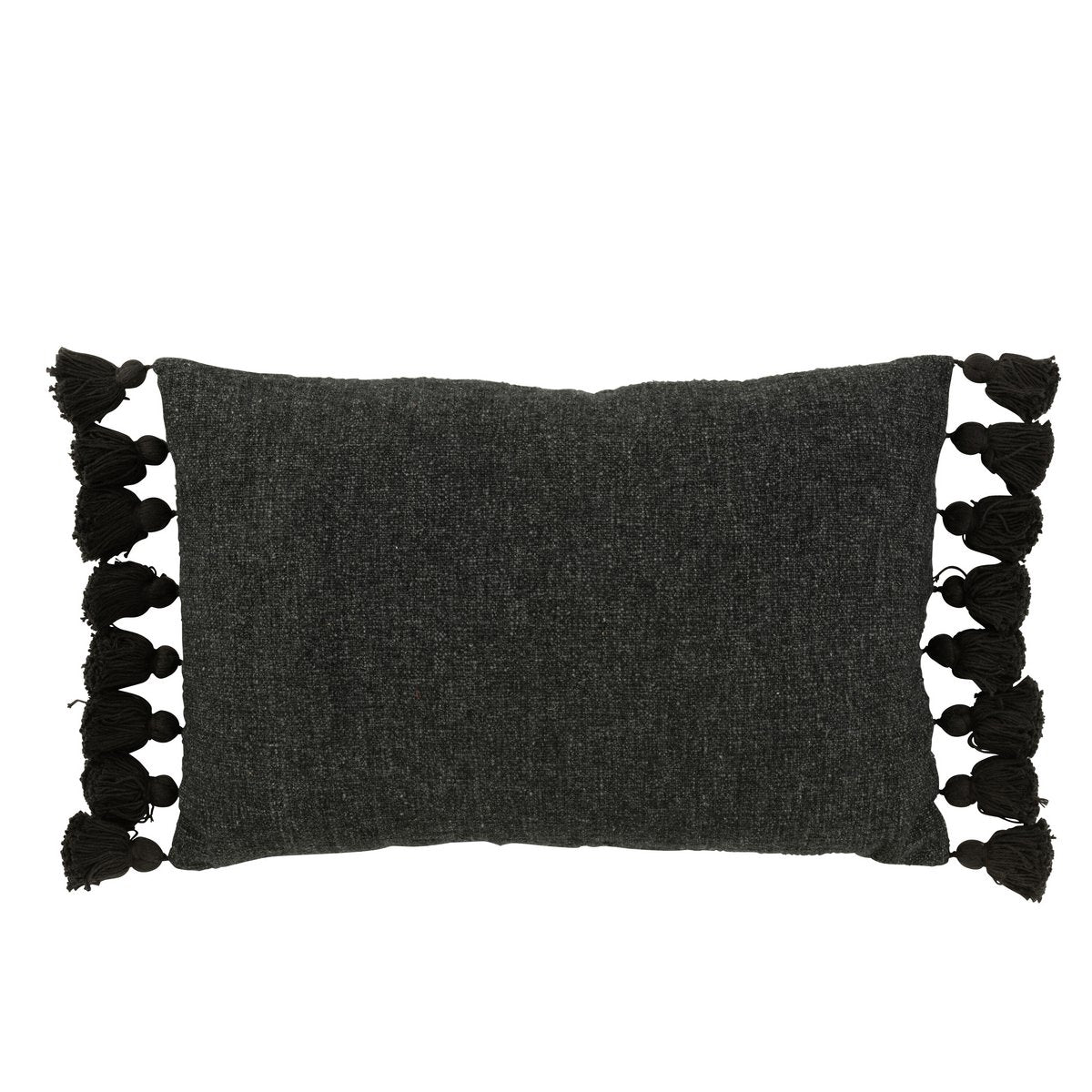 Détail du coussin J-Line Pompon, texture en coton noir avec pompons.