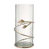 Vase Feuille J-Line en verre transparent et fer doré, vue de face.