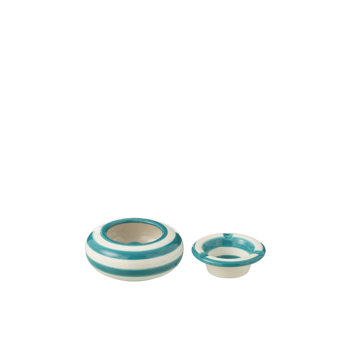 Cendrier J-LIGNE Stray Granada Stripes en céramique blanche et aqua, vue de face.