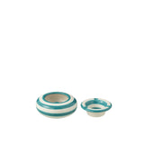 Cendrier J-LIGNE Stray Granada Stripes en céramique blanche et aqua, vue de face.