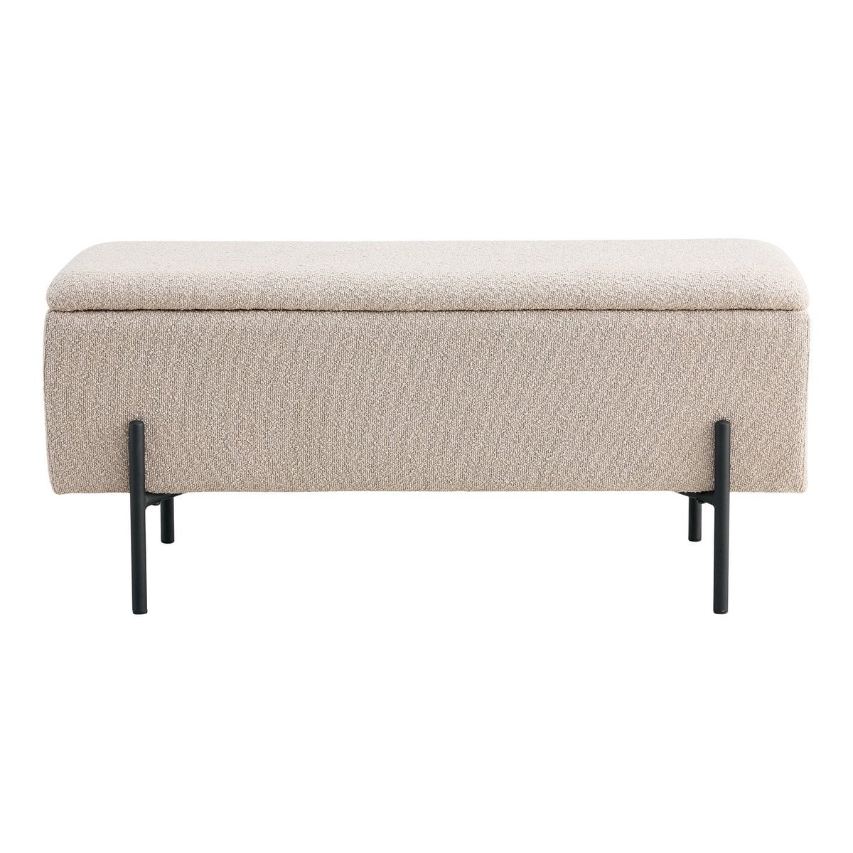 Banc Watford beige bouclé avec pieds en métal noir, vue de face