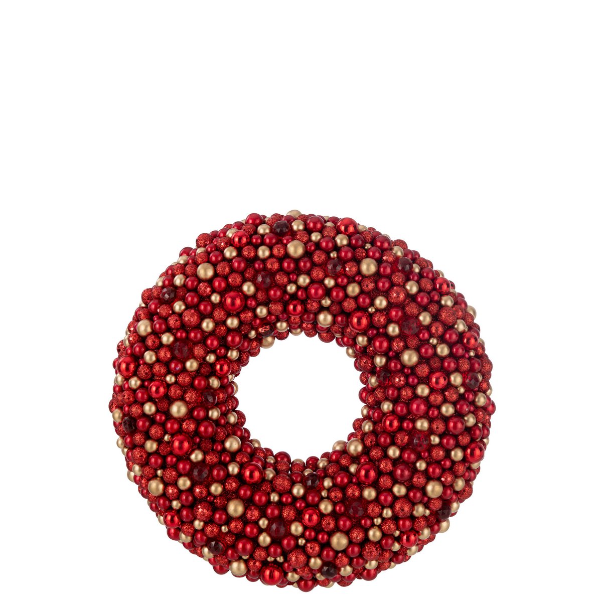 Couronne J-Line ronde en plastique rouge et or, élégante et festive.
