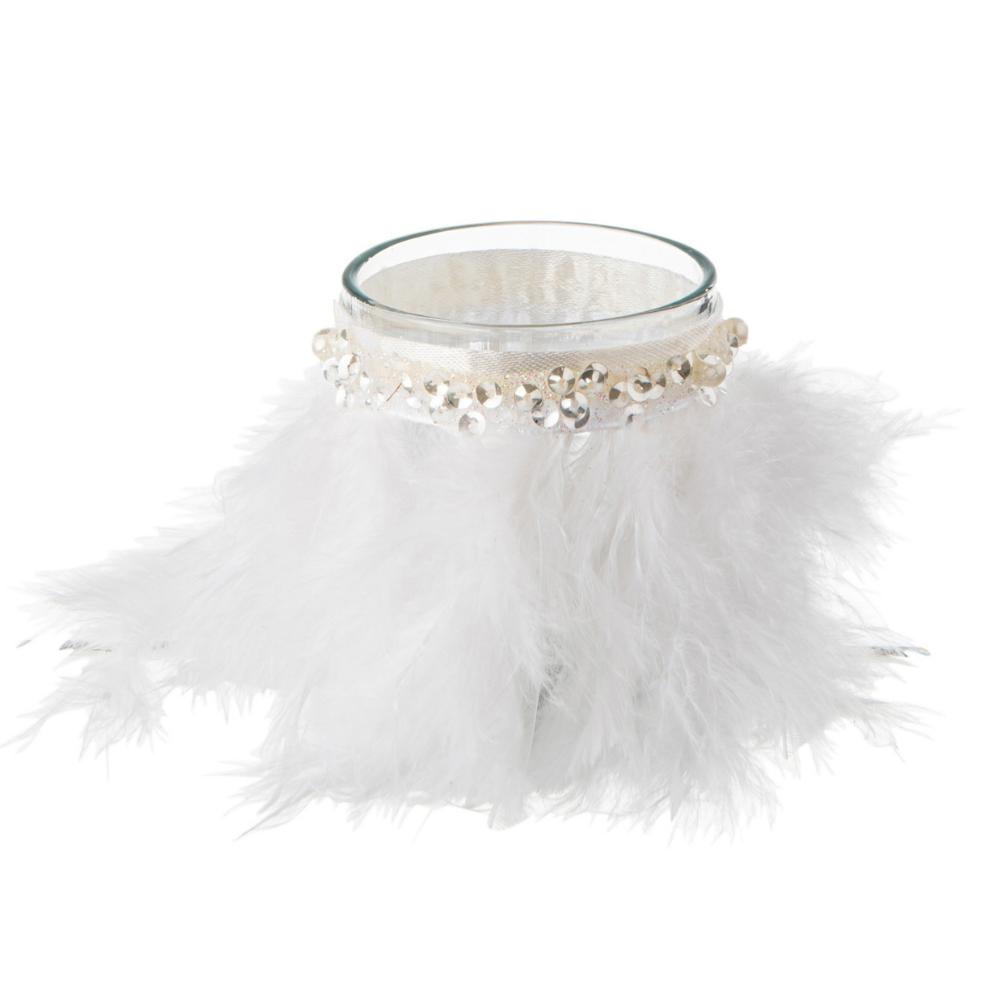 Bougeoir J-Line Plumes en verre blanc, vue de face