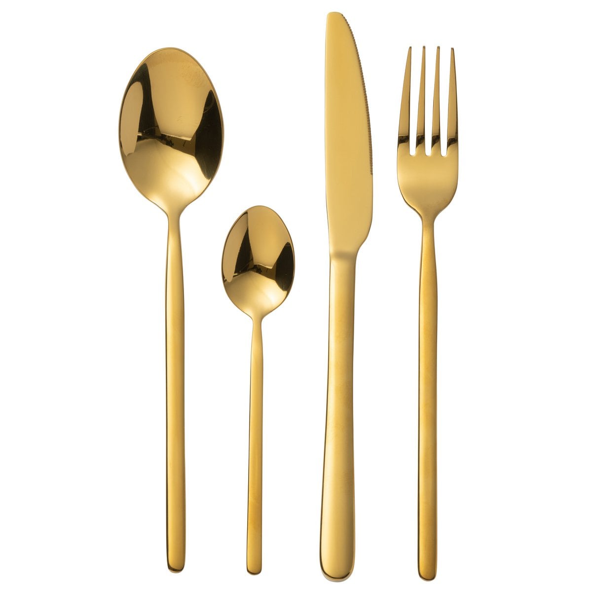 Couverts J-Line en or brillant, vue complète du set de 24 pièces.