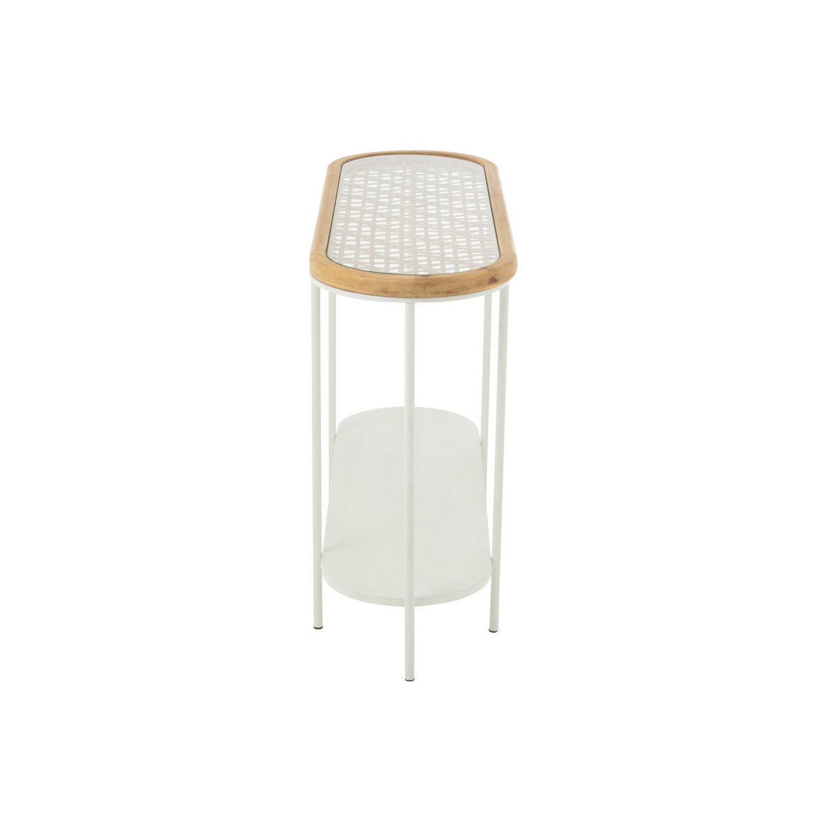 Détail du bois d'épicéa et du métal blanc de la console J-Line