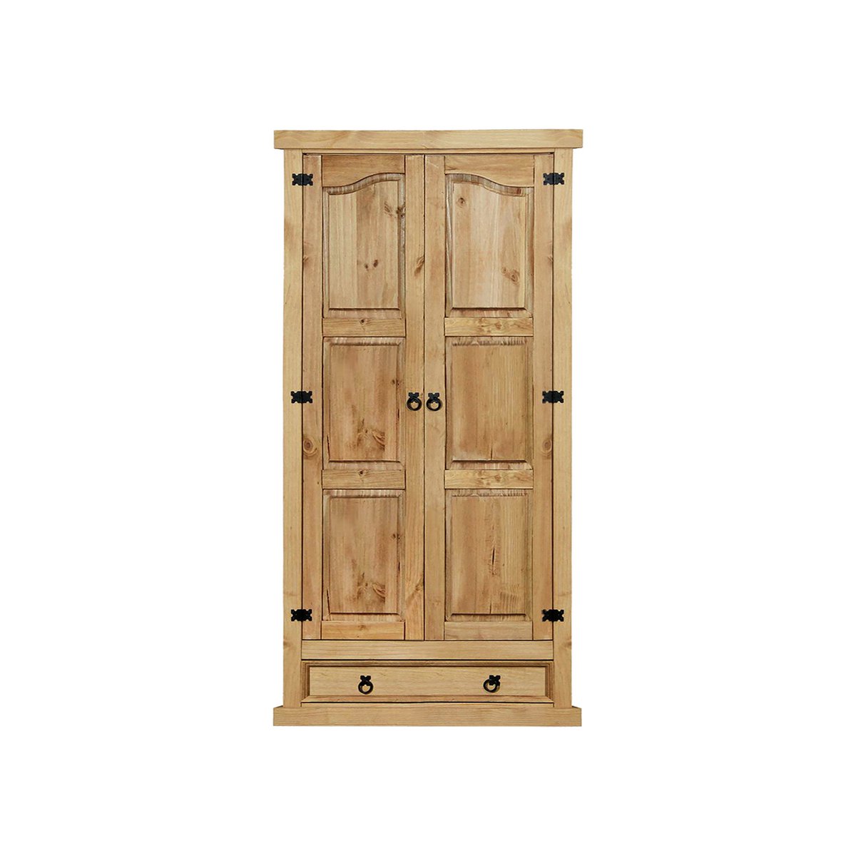 Armoire en bois de pin avec deux portes et un tiroir, vue de face