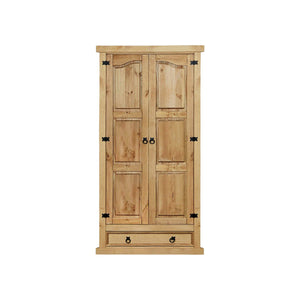 Armoire en bois de pin avec deux portes et un tiroir, vue de face