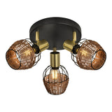 Plafond 3 "Corbis" Rondel, tache métallique en noir, avec or et rotin, avec douille E14, pour salle à manger, salon, couloir ou bureau, éclairage pour le salon, la salle à manger ou le bureau, 38 cm de diamètre de diamètre