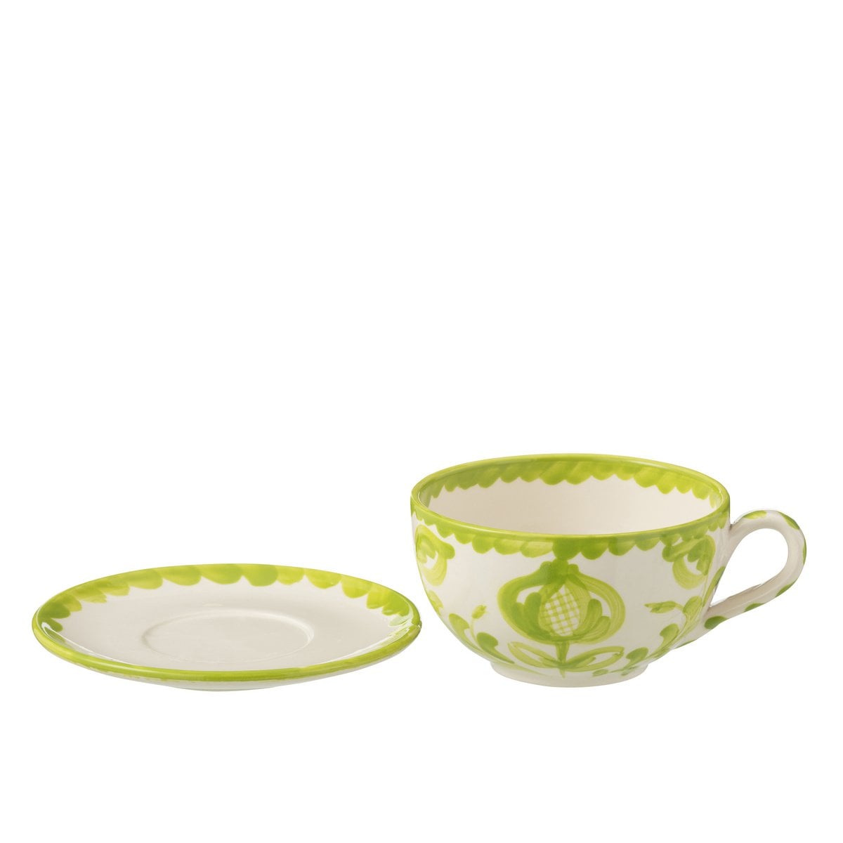 Détail de la tasse et soucoupe J-Line Grenade, design artisanal