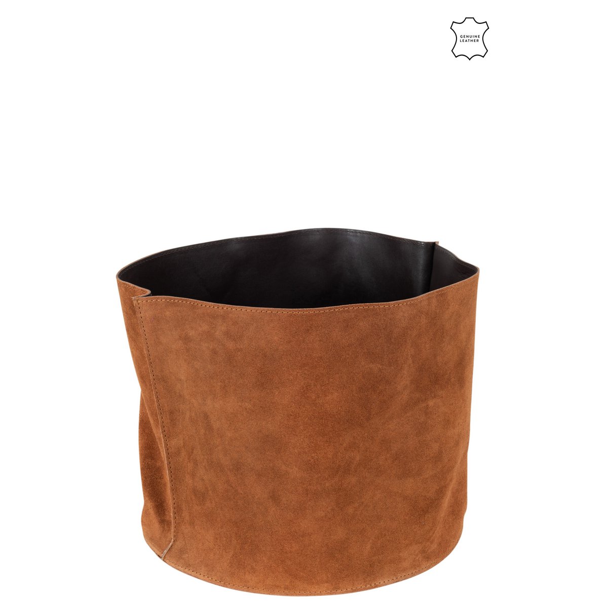Panier de rangement J-Line rond en cuir cognac, vue de face.