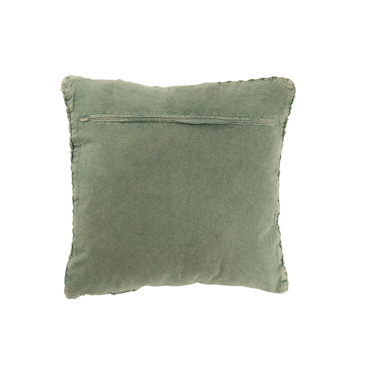Détail du coussin J-Line en coton lavé vert avec tresse
