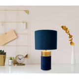 Lampe de table "Bordo" 32 cm de haut en métal et en velours en or et bleu, avec version E14, lampe pour salle à manger, salon, couloir ou bureau