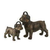 Sculpture Bulldog avec casque en polyresine marron, vue latérale