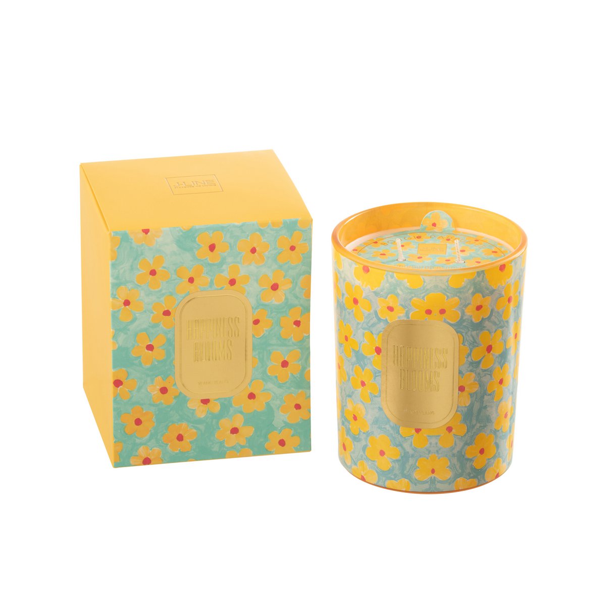 Bougie parfumée J-Line Hapiness Blooms en azur et jaune, ambiance luxueuse.