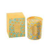 Bougie parfumée J-Line Hapiness Blooms en azur et jaune, ambiance luxueuse.