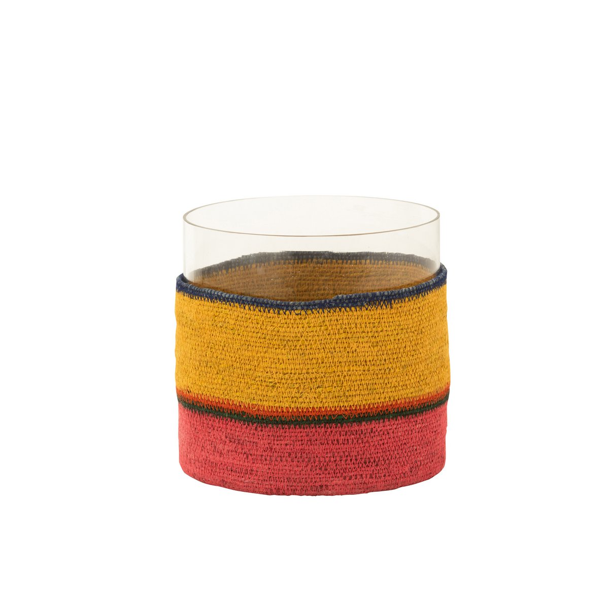 Bougeoir J-Line en verre jaune et rose, mise en scène dans un salon