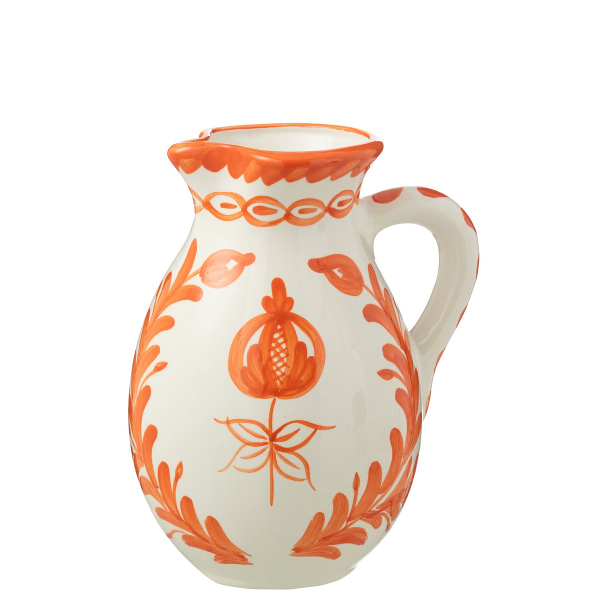 Jug Grenade J-Line en céramique blanche et orange, vue de face.