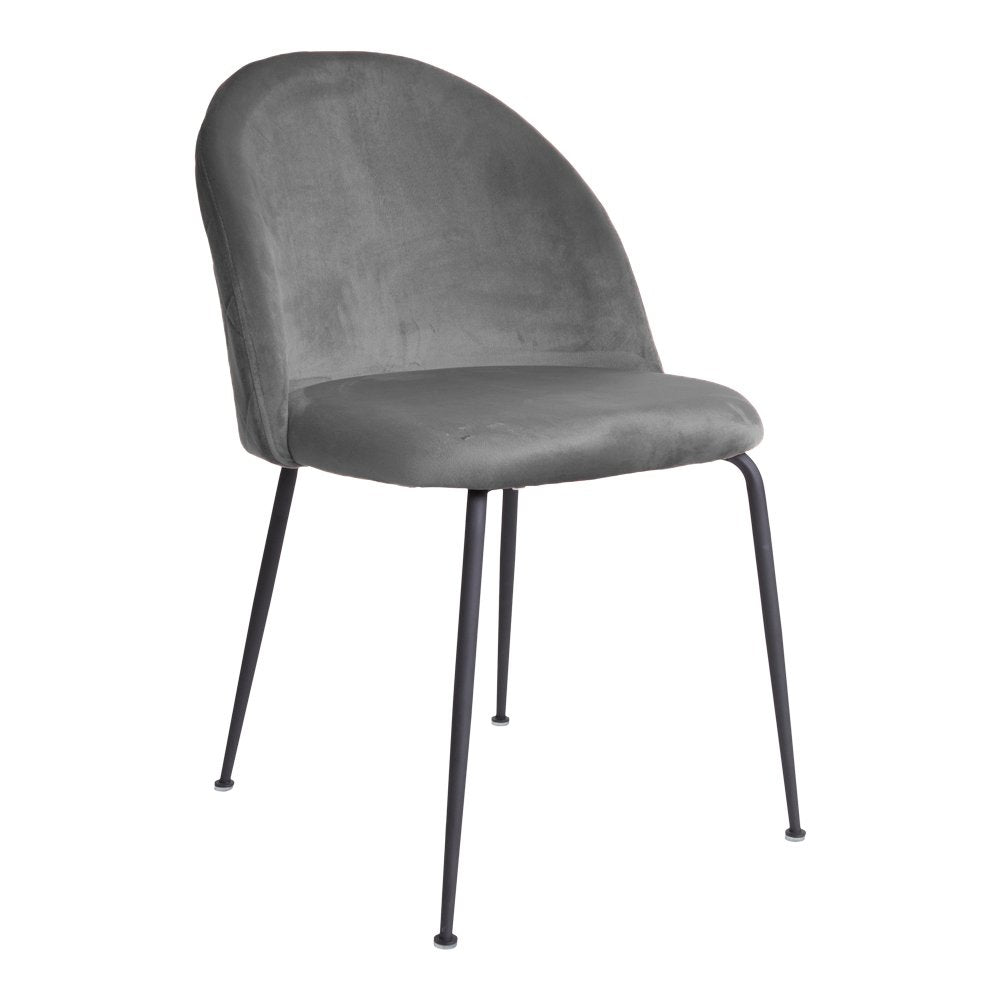 Chaise Geneve en velours gris avec pieds en métal noir, vue de face