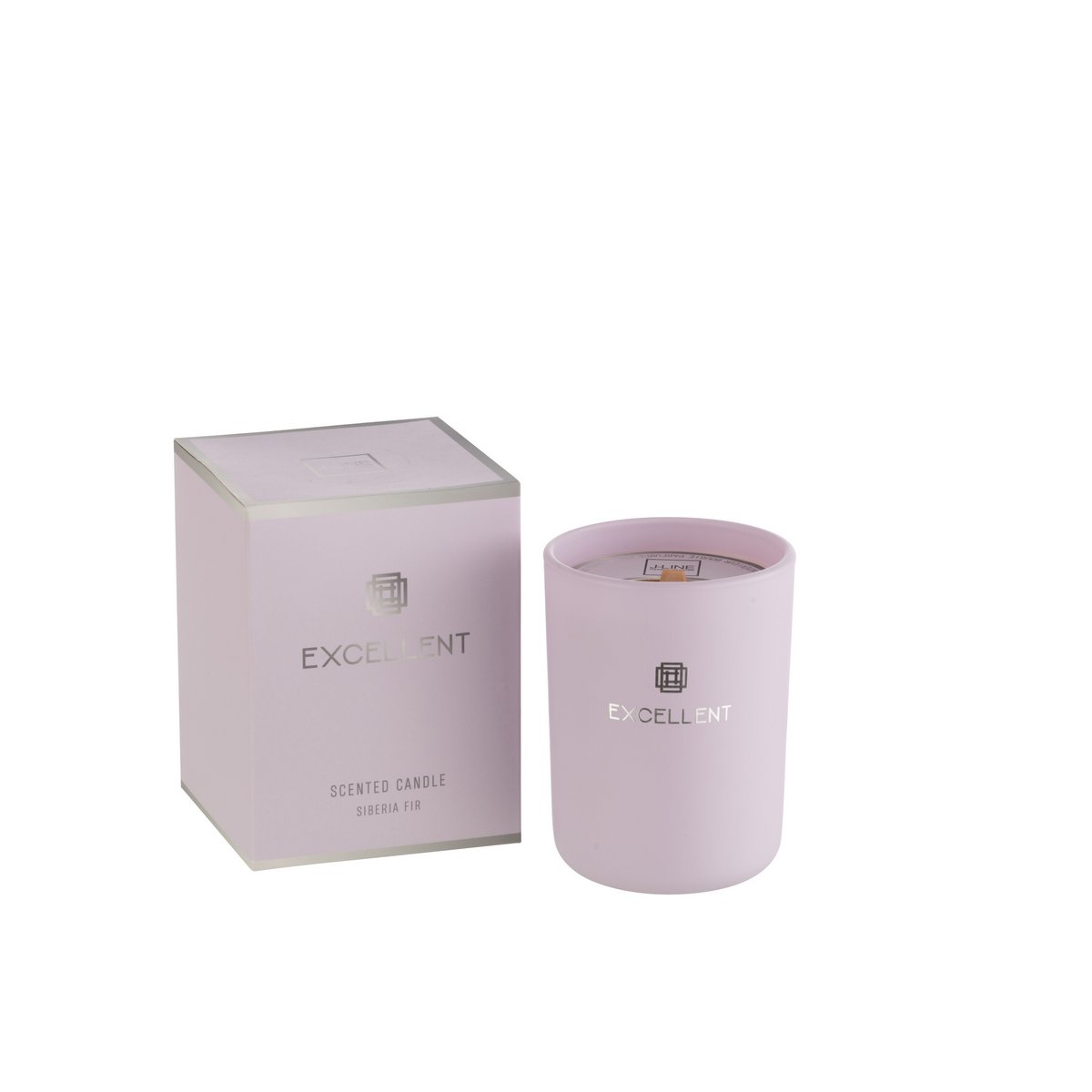 Bougie parfumée J-Line Excellent en verre mauve, vue de face