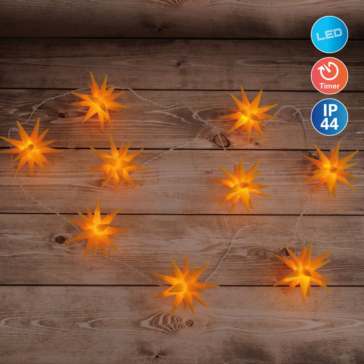 Chaîne légère LED "étoiles 3D" en plastique en jaune, avec des LED fermement installées, décorations de Noël pour l'extérieur