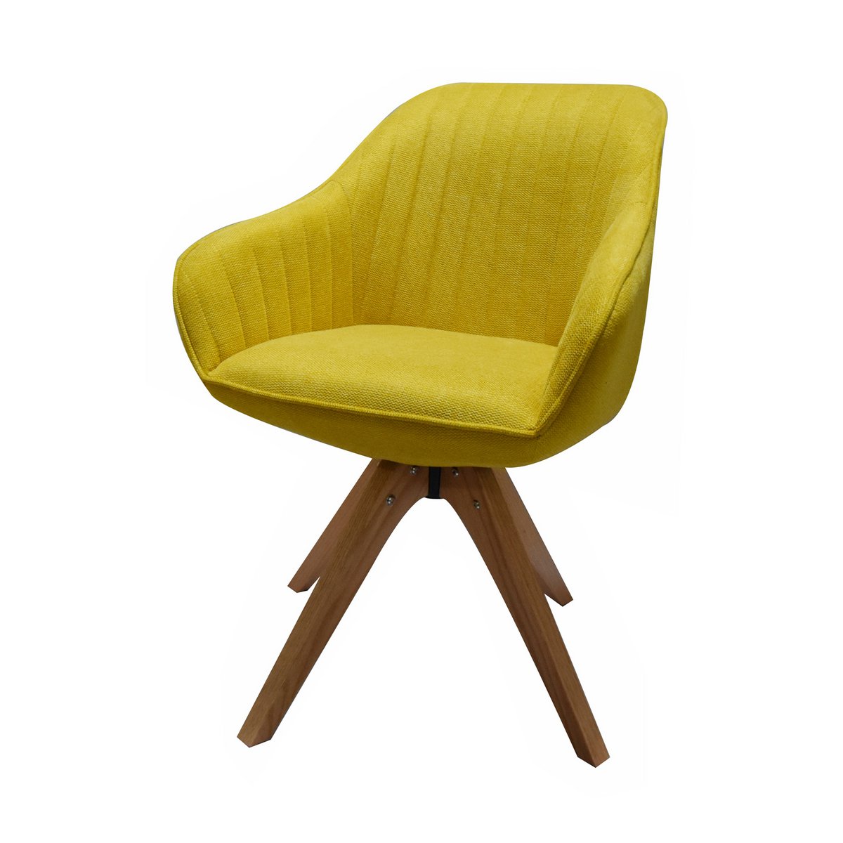 Chaise pivotante jaune moutarde avec cadre en chêne vue de face