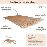 Tapis boho carré en fibres naturelles - tapis de sol tissé à la main - tapis brun rectangulaire - grand tapis de jacinthe d'eau 180x115 cm Sawah
