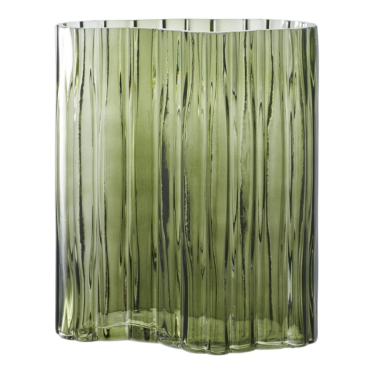 Vase en verre vert fumé, vue de face avec fleurs