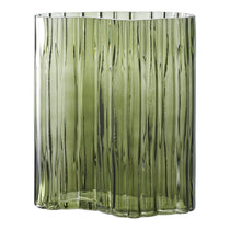 Vase en verre vert fumé, vue de face avec fleurs