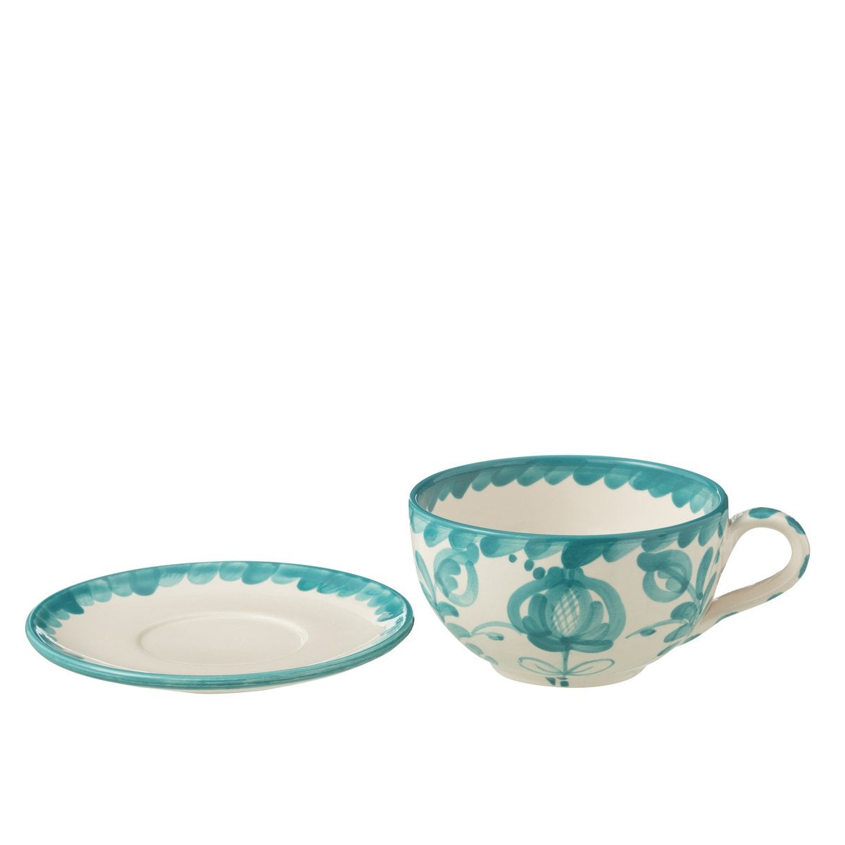 Tasse J-Line Grenade en céramique blanche et aqua, vue de face