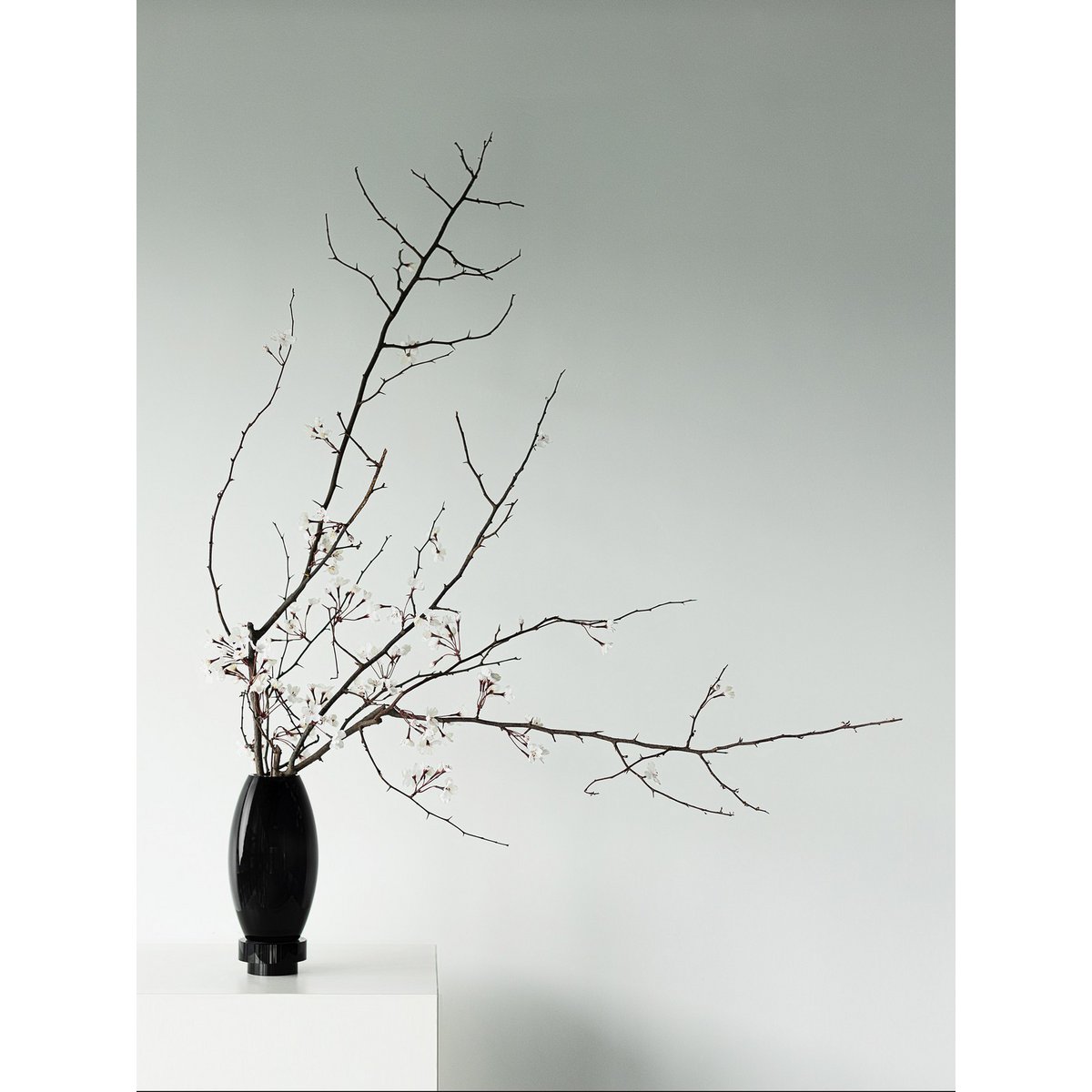 Détail du vase en verre noir, soulignant la qualité du matériau.