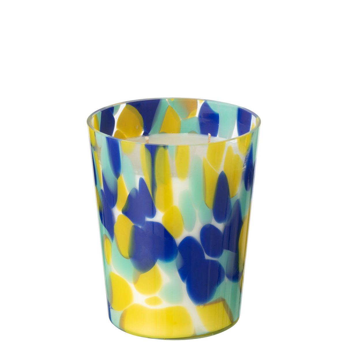 Bougie parfumée J-Line Noa en verre rouge et jaune, vue de face.
