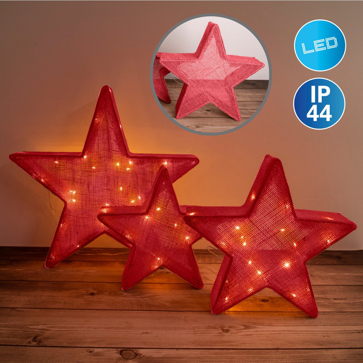 3 Set LED Decoration Stars de Noël Rouge