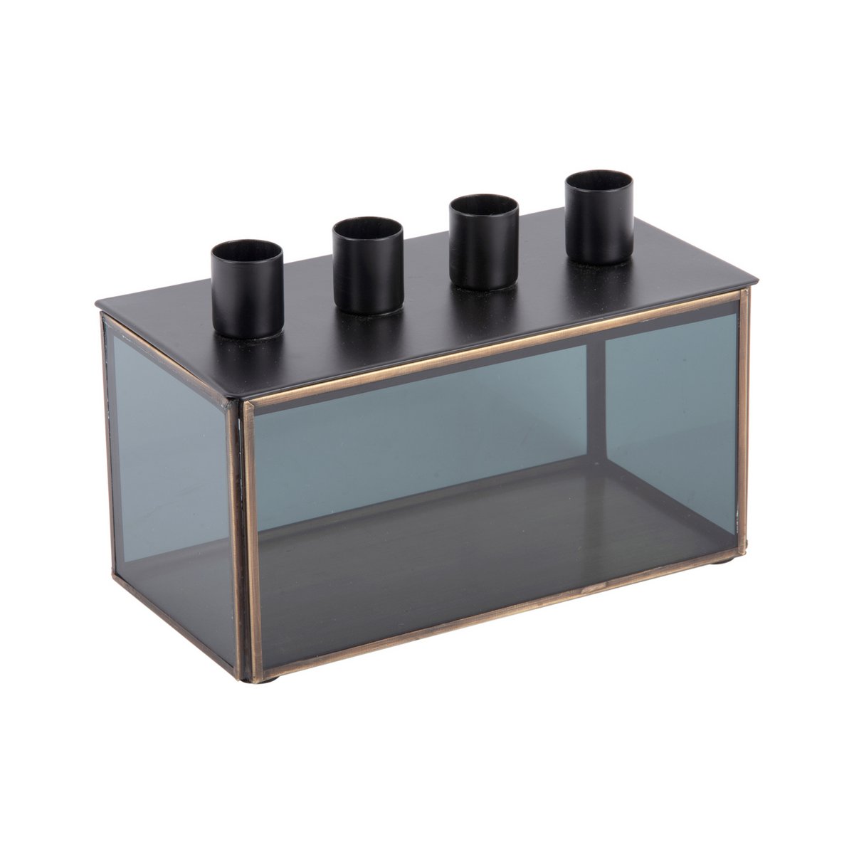 Bougeoir rectangulaire en verre et métal noir avec quatre emplacements pour bougies