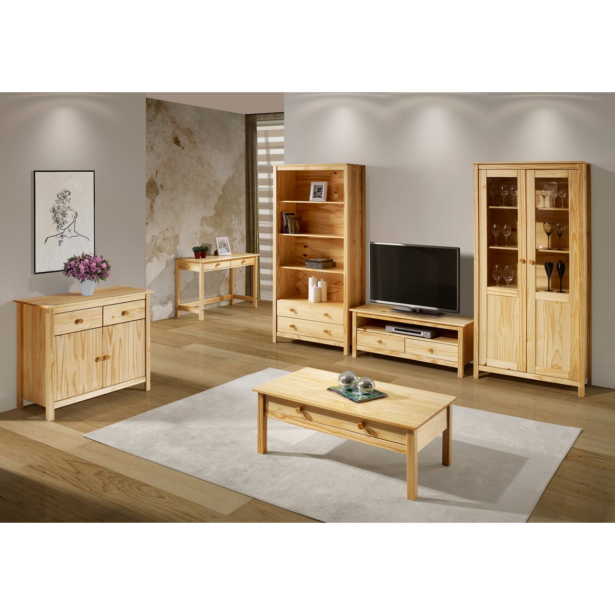 Meuble TV en bois blanc dans un salon moderne