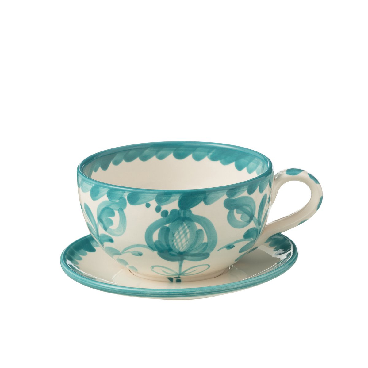 Ensemble de la tasse et soucoupe J-Line Grenade sur une table en bois