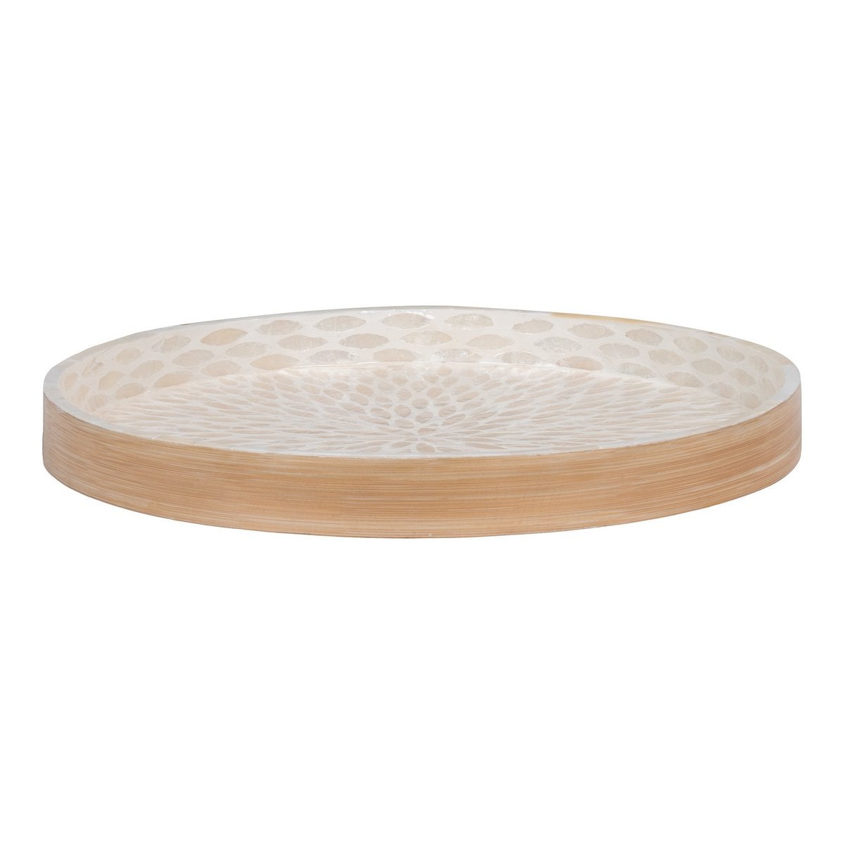 Plateau en bambou et capiz beige, vue de dessus avec détails de texture