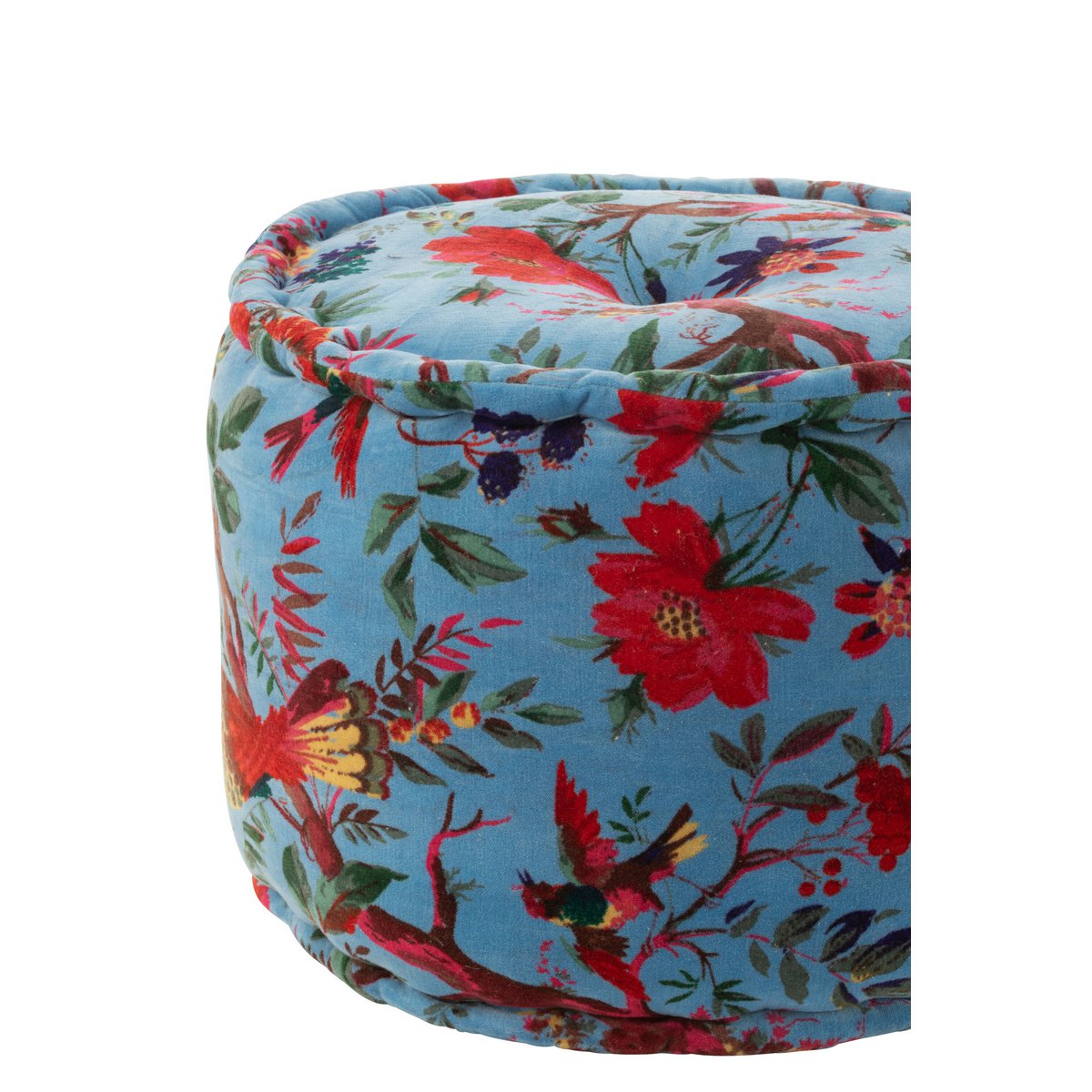 Détail du motif floral sur le pouf J-line bleu