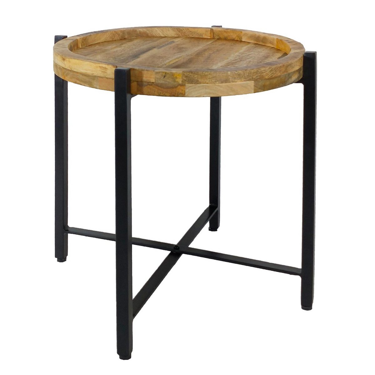 Table d'appoint ronde Sioux en métal noir avec surface en bois