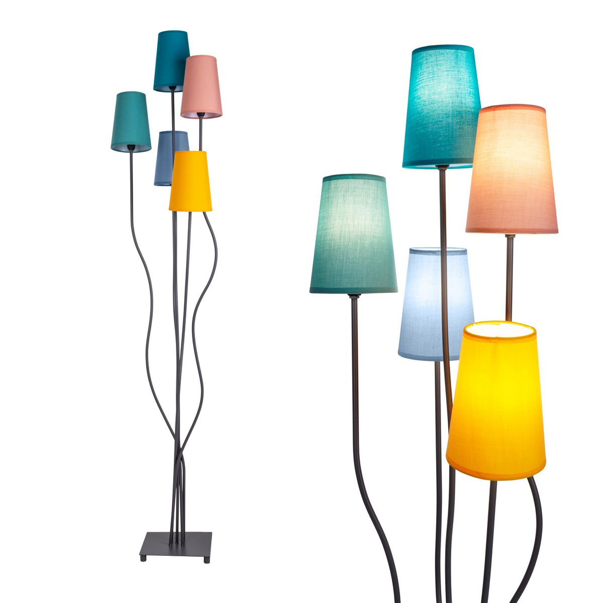 Lampe debout "Colora", lampadaire avec parapluies textiles colorés, socket 5x E14, pour salle à manger, salon, couloir ou bureau, 163 cm de haut
