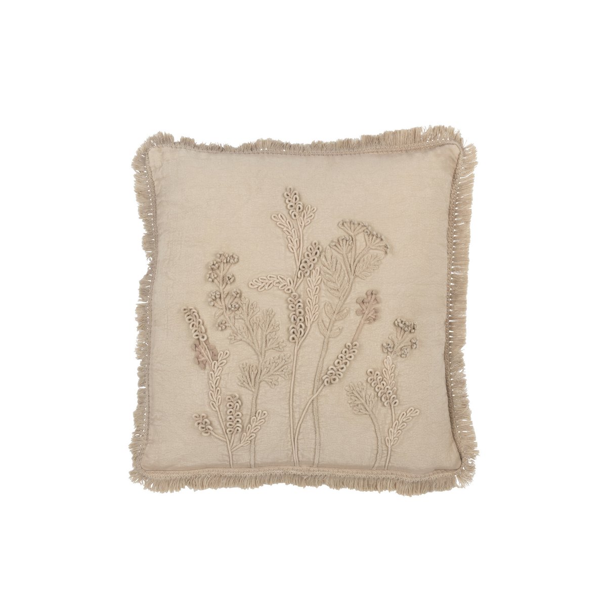 Coussin J-Line beige avec broderie florale et franges